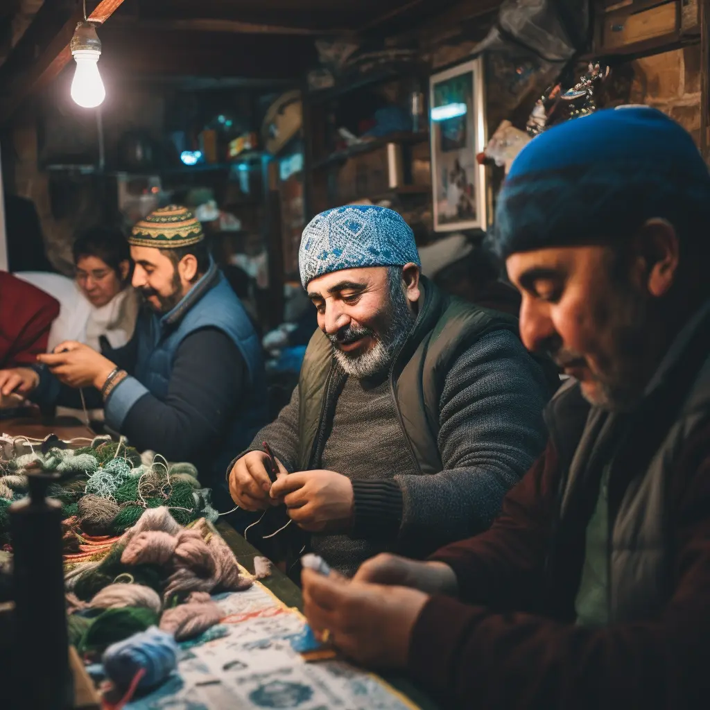 Workshop scene of artisans meticulously crafting beanies in Turkey